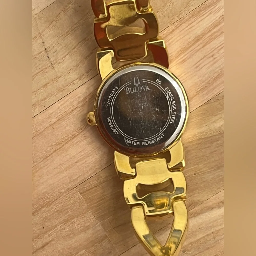 Bulova Ladies Watch Designer Gold Tone Bracelet Mother of Pearl Dial